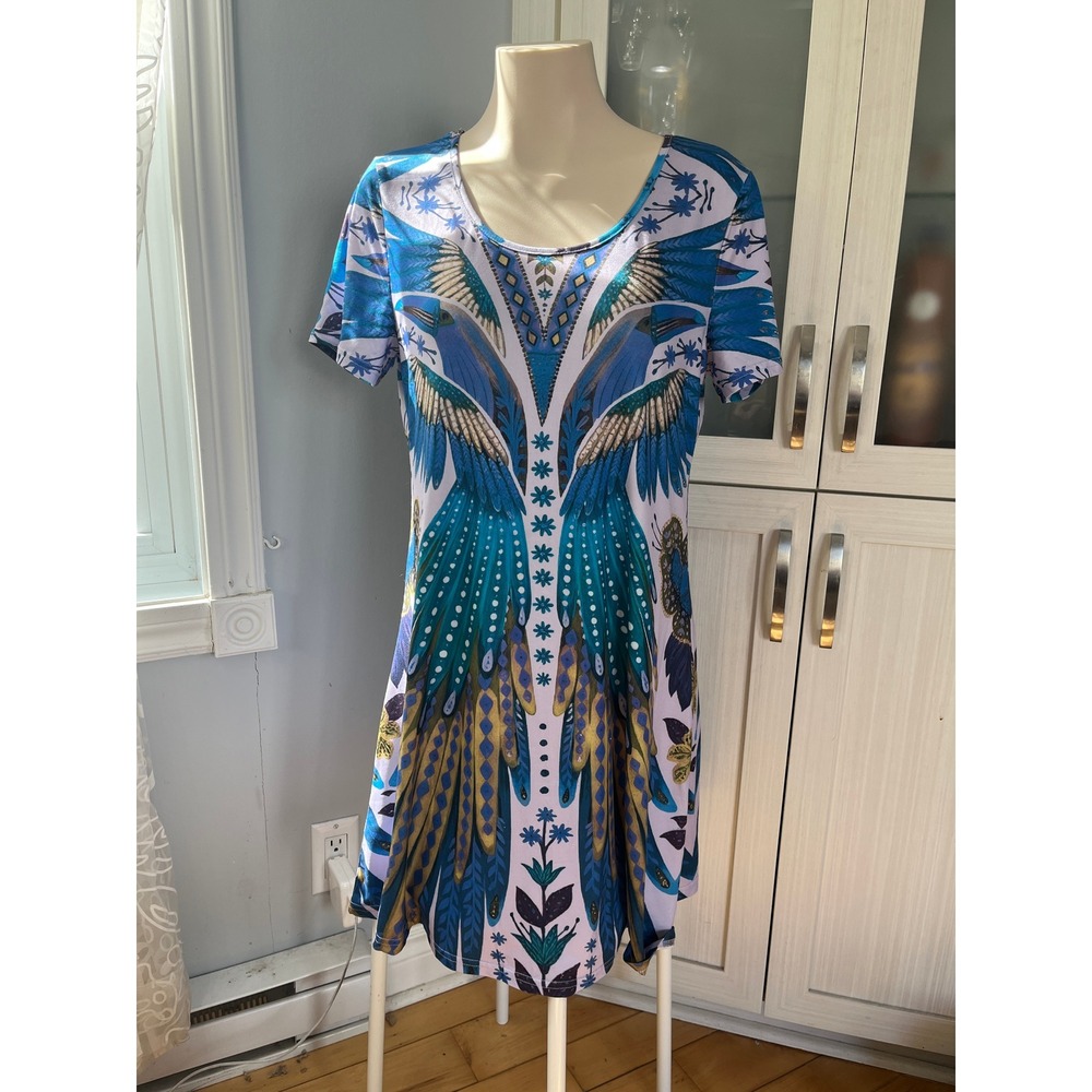 Blue Tropical Bird Graphic Print Short Sleeve Mini T-Shirt Dress